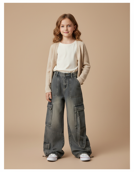 Pantalon Baggy Jean Gris Cargo Ample Fille