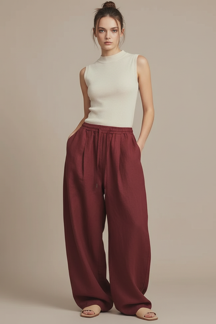 Pantalon Baggy Bordeaux Lin Fluide Taille Haute