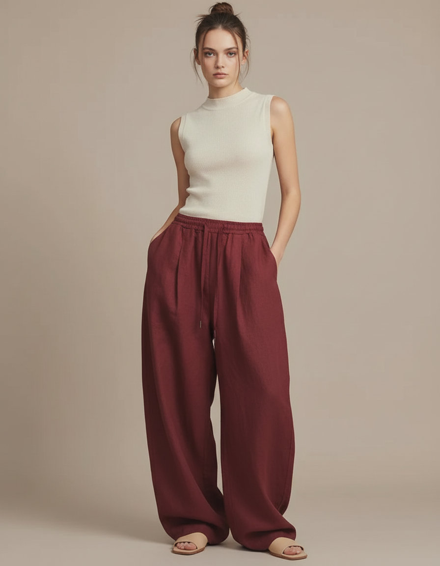 Pantalon Baggy Bordeaux Lin Fluide Taille Haute
