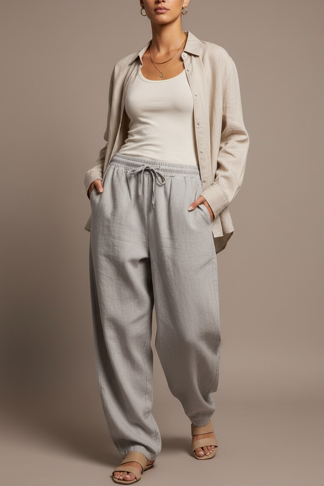 Pantalon Baggy Gris Lin Cordon Ample Décontracté Femme