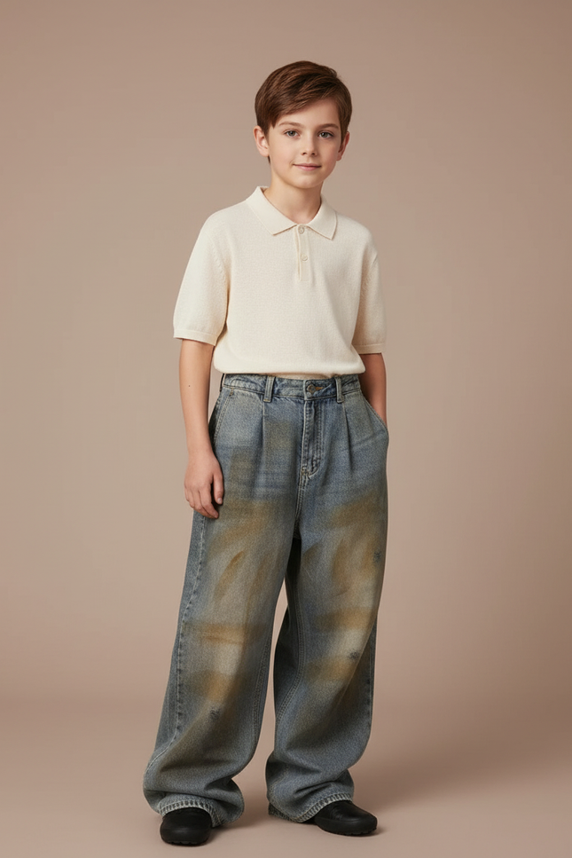 Pantalon Baggy Jean Délavé Large Décontracté Garçon - Bleu