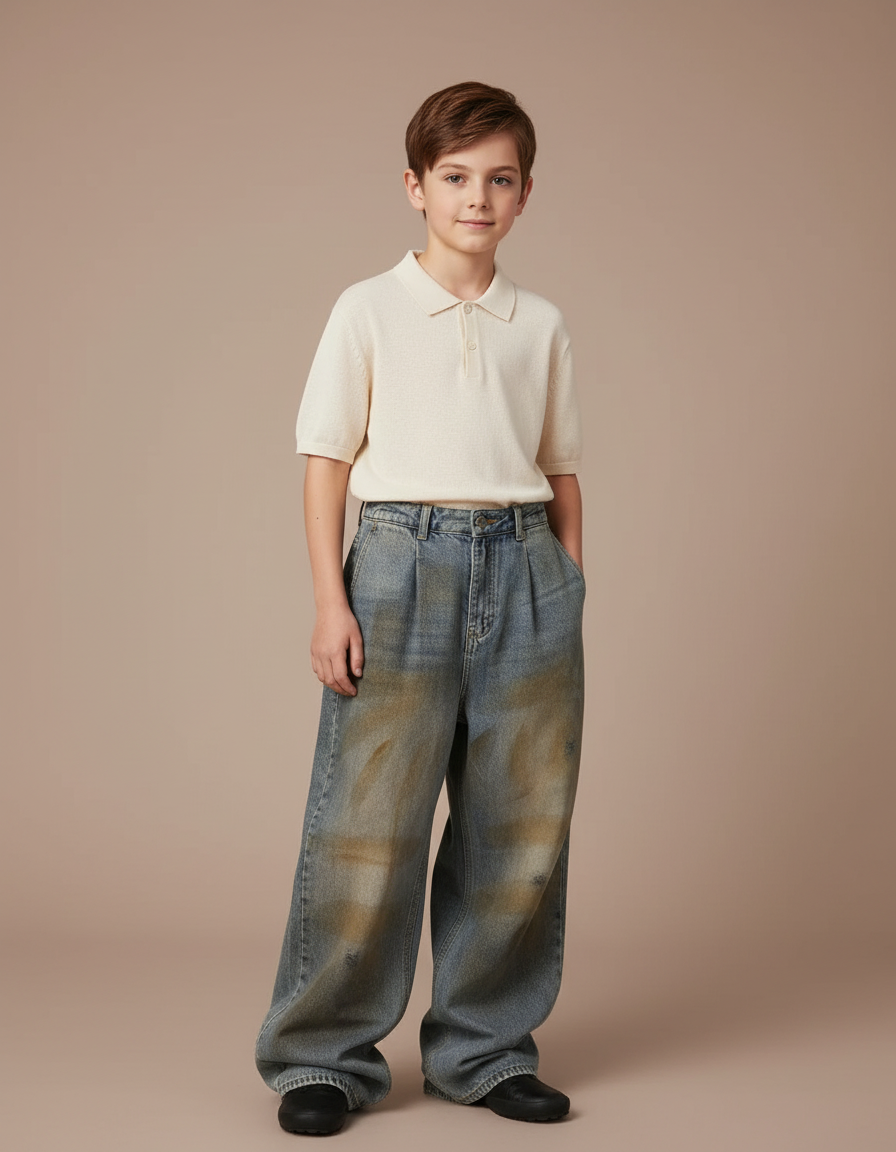 Pantalon Baggy Jean Délavé Large Décontracté Garçon - Bleu