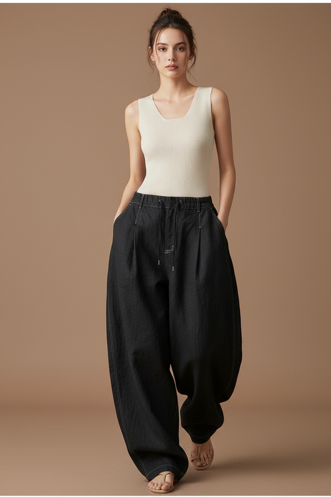 Pantalon Baggy Noir Ample Plissé Cordon - Jean