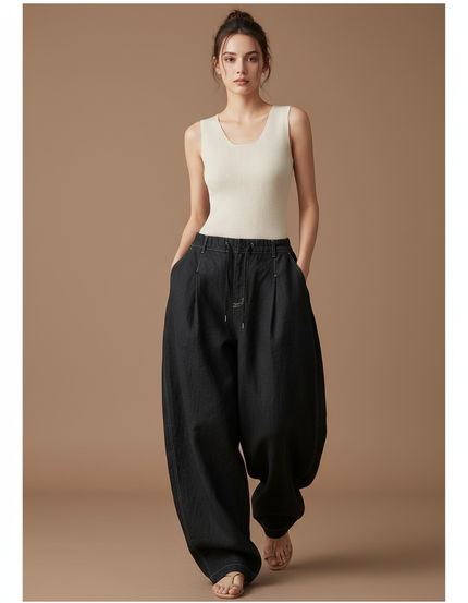 Pantalon Baggy Noir Ample Plissé Cordon - Jean