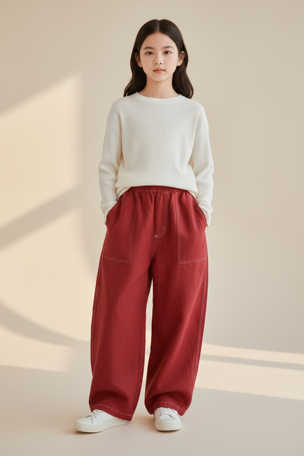 Pantalon Baggy Rouge Ample Enfant Coton Épais - Jean