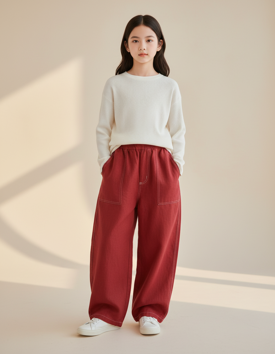 Pantalon Baggy Rouge Ample Enfant Coton Épais - Jean