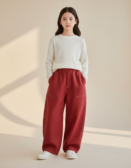 Pantalon Baggy Rouge Ample Enfant Coton Épais - Jean