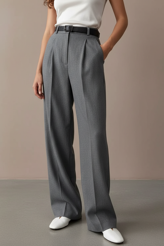 Pantalon Baggy Gris Plissé Droit Fluide Femme - Gabardine