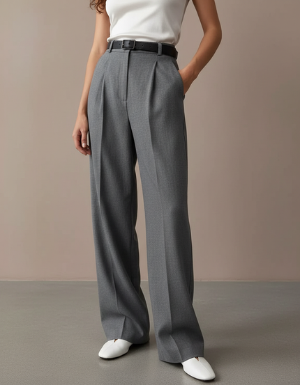 Pantalon Baggy Gris Plissé Droit Fluide Femme - Gabardine