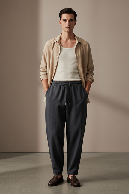Pantalon Baggy Anthracite Ample Cordon Décontracté Fluide - Gris Laine