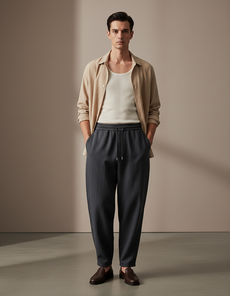 Pantalon Baggy Anthracite Ample Cordon Décontracté Fluide - Gris Laine