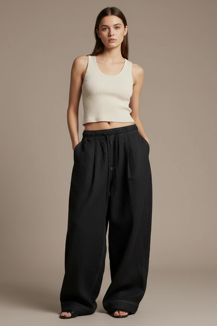 Pantalon Baggy Noir Ample Coton Taille Haute - Jean