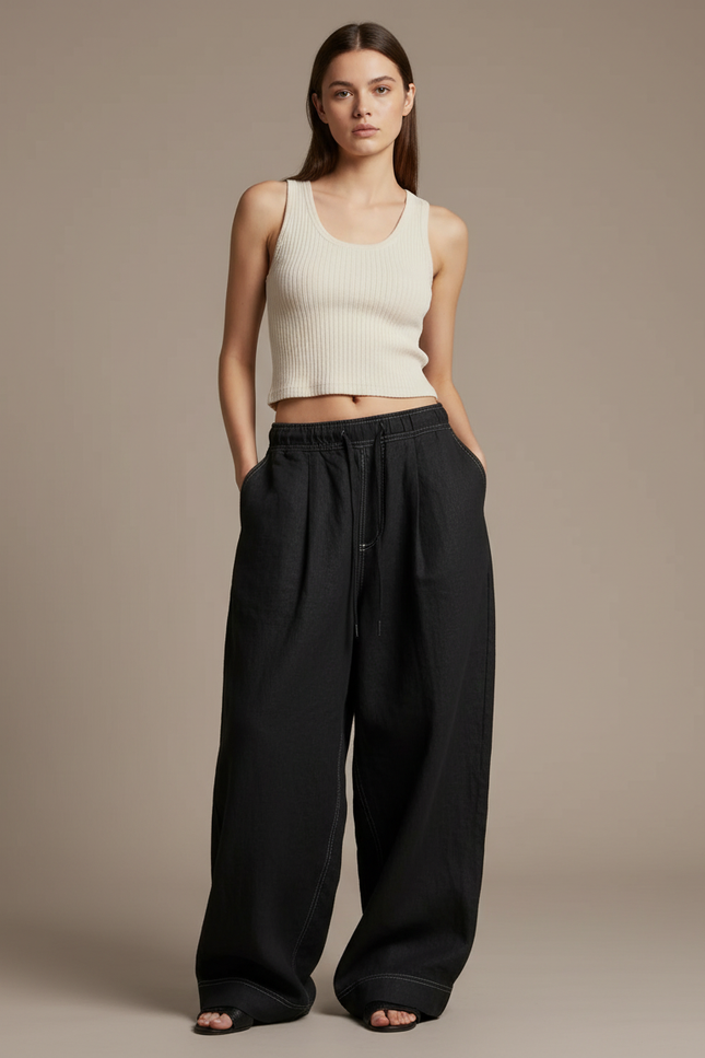 Pantalon Baggy Noir Ample Coton Taille Haute - Jean