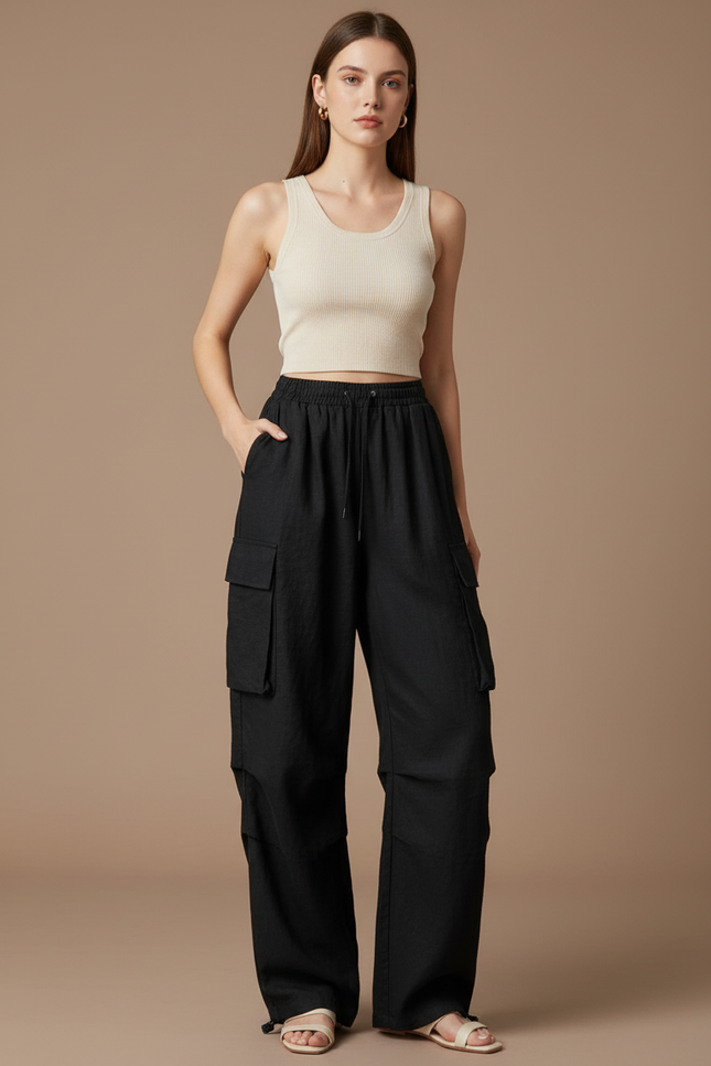 Pantalon Baggy Noir Ample Cargo Taille Haute - Lin