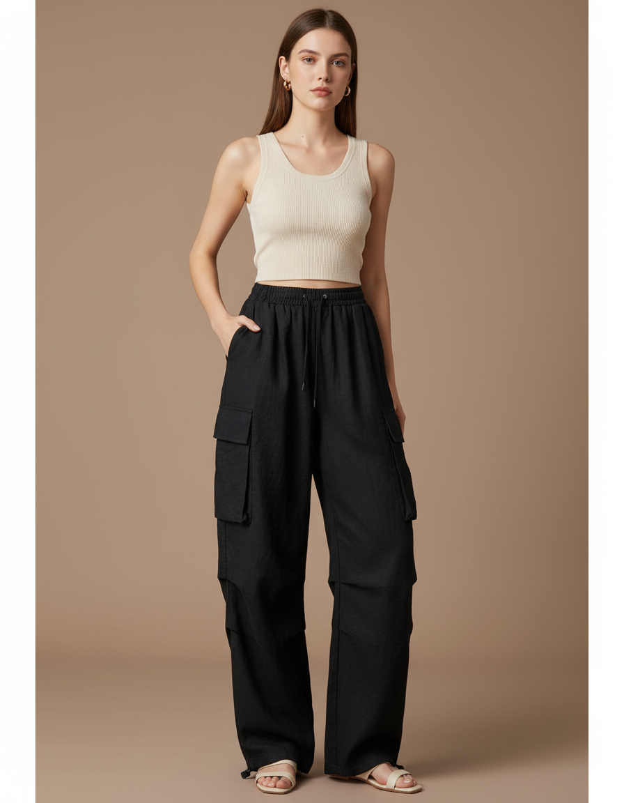 Pantalon Baggy Noir Ample Cargo Taille Haute - Lin