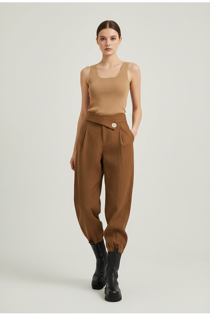 Pantalon Baggy Marron Taille Haute Asymétrique Femme - Lin