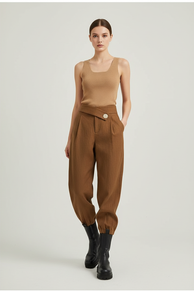 Pantalon Baggy Marron Taille Haute Asymétrique Femme - Lin