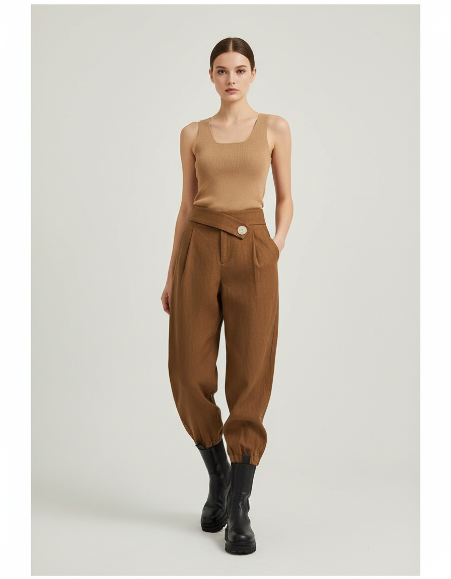 Pantalon Baggy Marron Taille Haute Asymétrique Femme - Lin