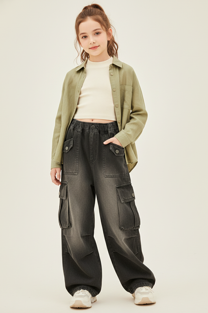 Pantalon Baggy Denim Dégradé Ample Poches Cargo Enfant - Gris Jean