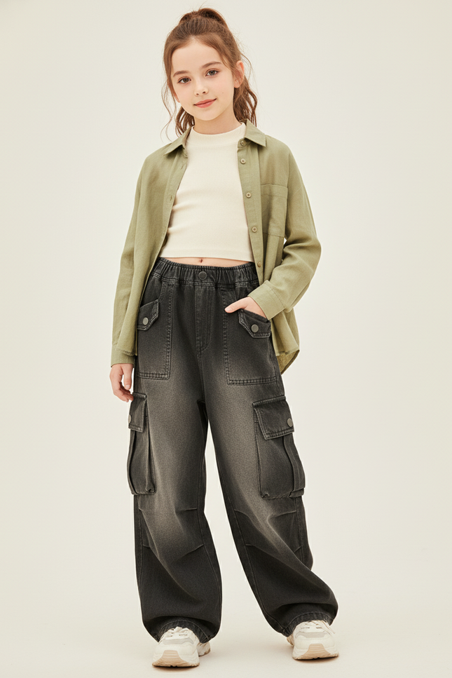 Pantalon Baggy Denim Dégradé Ample Poches Cargo Enfant - Gris Jean