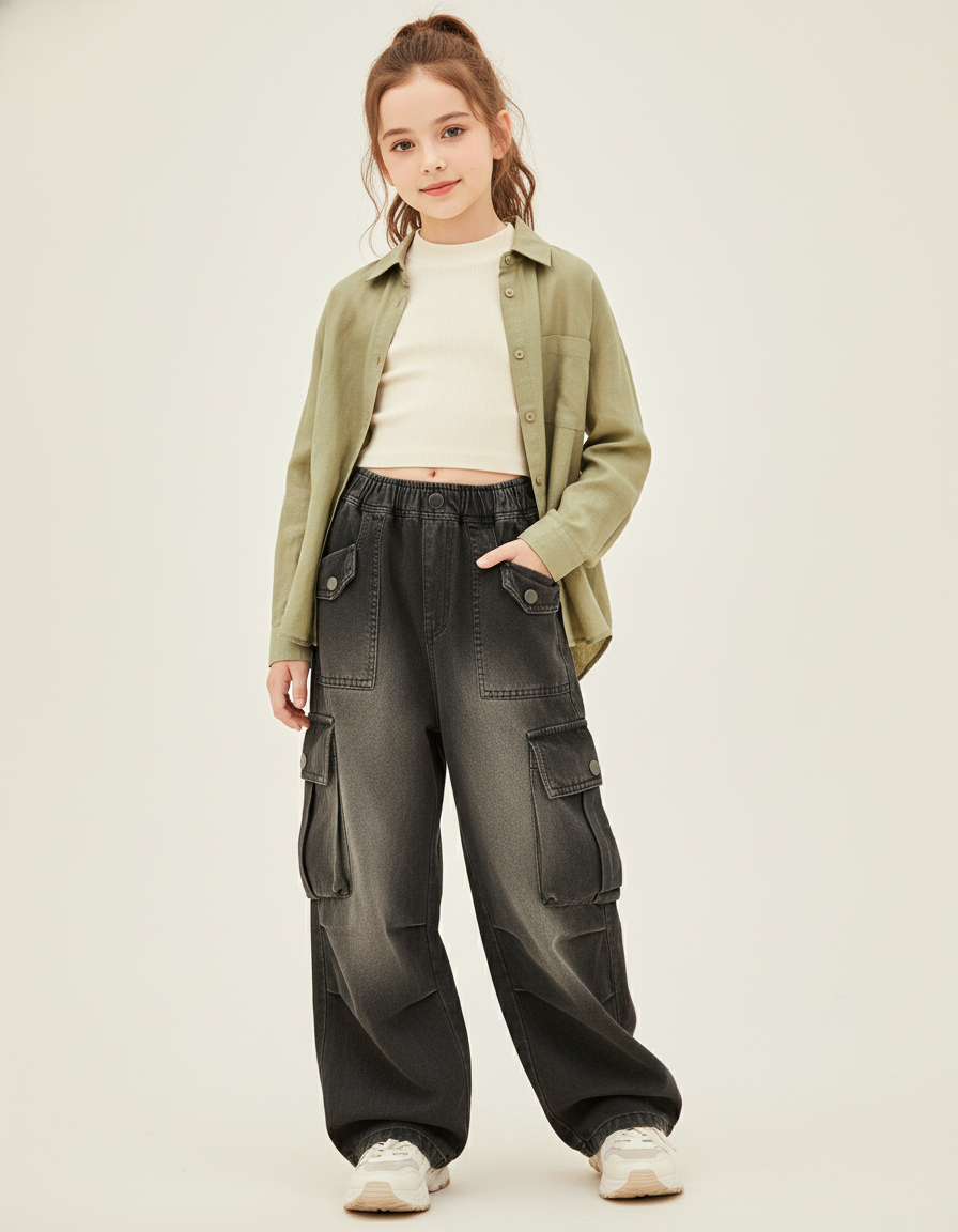 Pantalon Baggy Denim Dégradé Ample Poches Cargo Enfant - Gris Jean