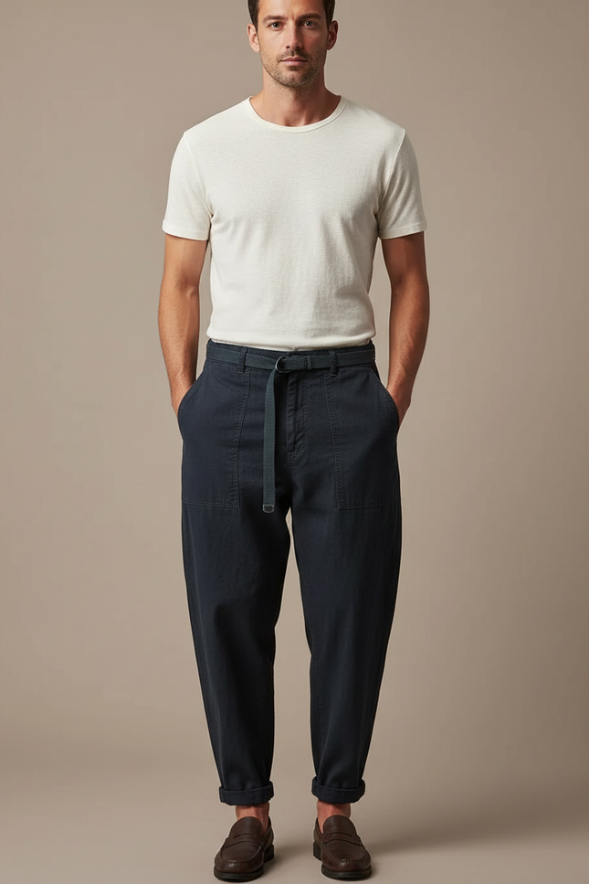 Pantalon Baggy Bleu Marine Coton Ample Décontracté Homme