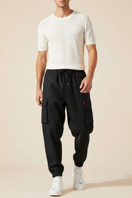 Pantalon Baggy Cargo Noir Coton Ample Cordon Homme