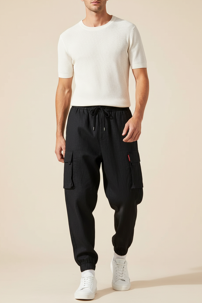 Pantalon Baggy Cargo Noir Coton Ample Cordon Homme