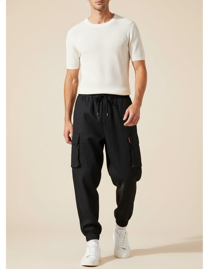 Pantalon Baggy Cargo Noir Coton Ample Cordon Homme