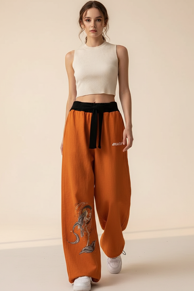 Pantalon Baggy Orange Imprimé Ample Cordon Streetwear - Molleton