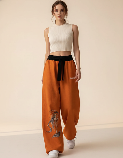 Pantalon Baggy Orange Imprimé Ample Cordon Streetwear - Molleton