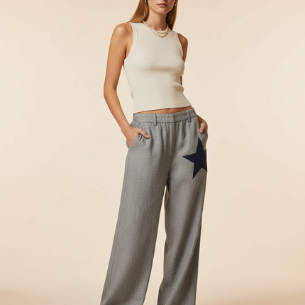 Pantalon Baggy Gris Étoile Ample Décontracté Fluide - Laine