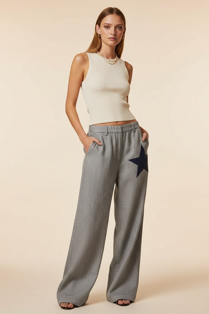 Pantalon Baggy Gris Étoile Ample Décontracté Fluide - Laine