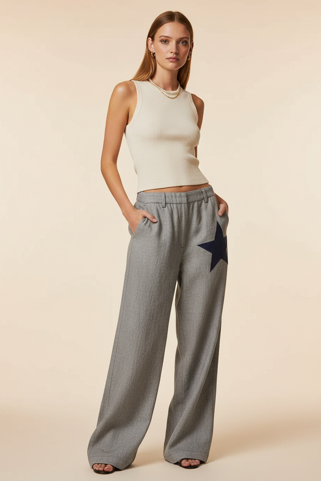 Pantalon Baggy Gris Étoile Ample Décontracté Fluide - Laine