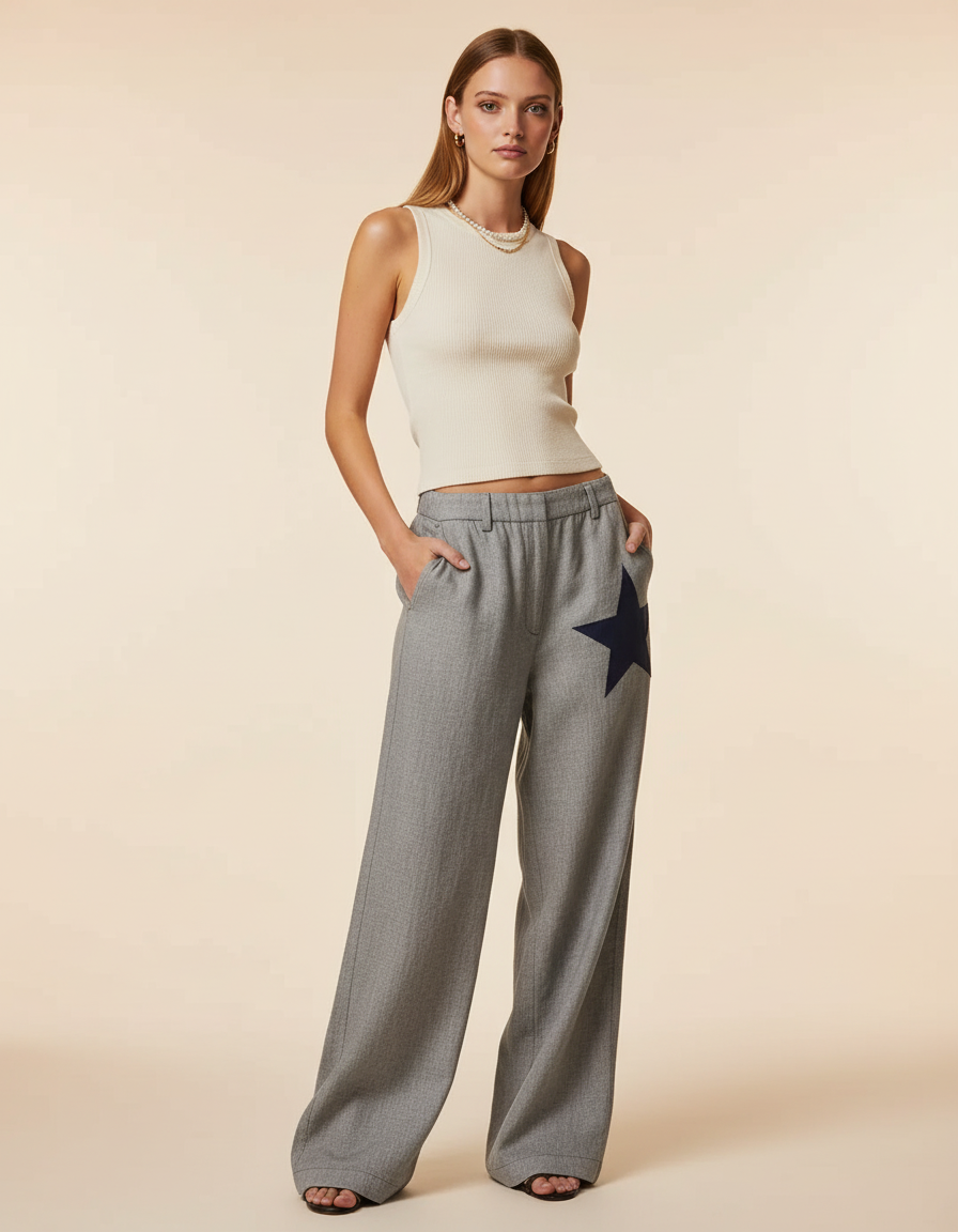Pantalon Baggy Gris Étoile Ample Décontracté Fluide - Laine