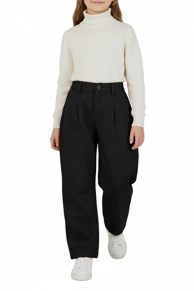 Pantalon Baggy Fille Noir Taille Haute Coton - Laine