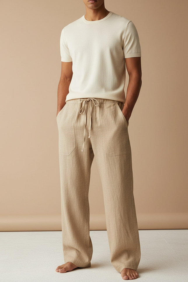 Pantalon Baggy Lin Coton Beige Ample Décontracté Homme