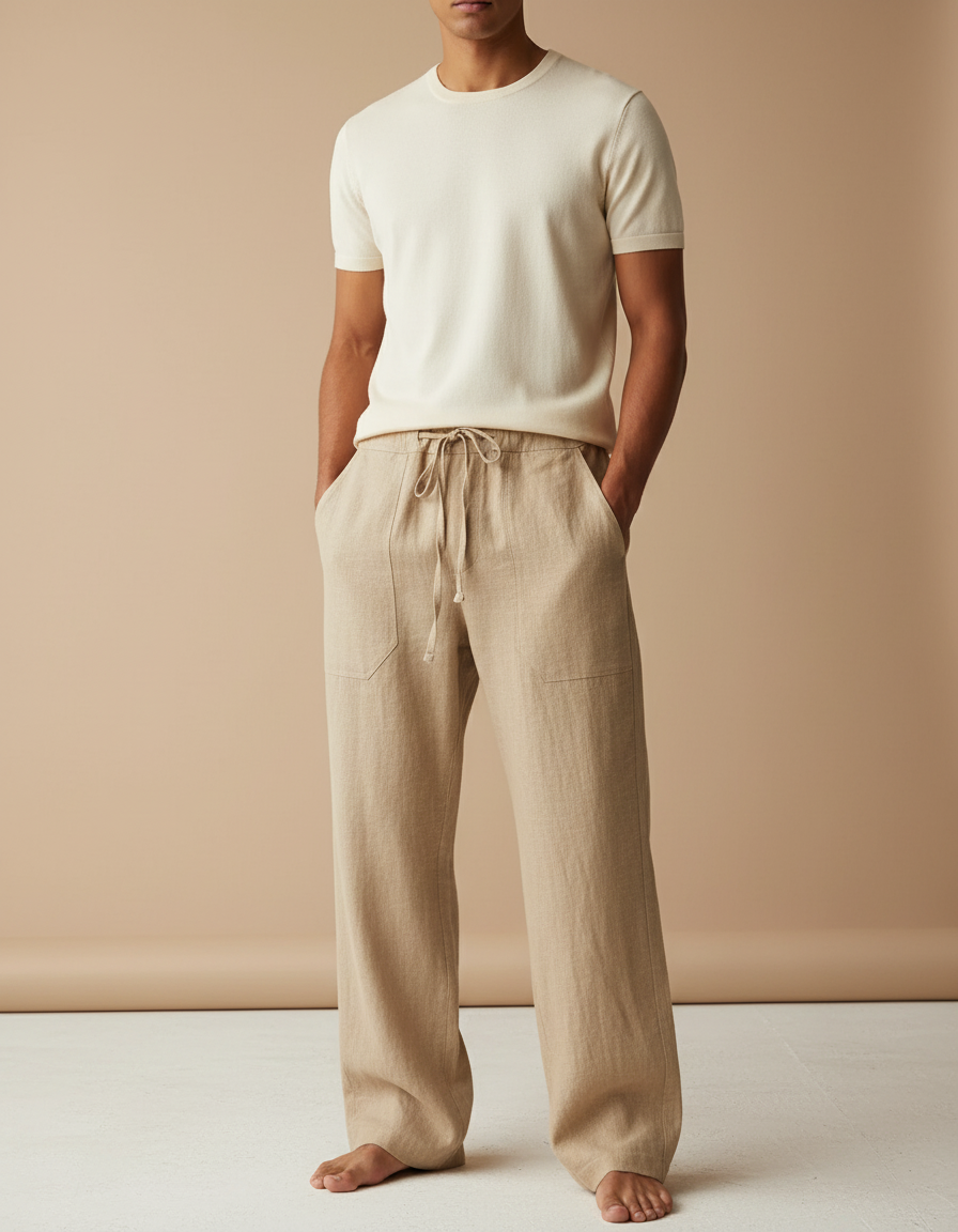 Pantalon Baggy Lin Coton Beige Ample Décontracté Homme