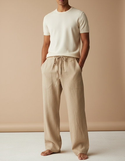Pantalon Baggy Lin Coton Beige Ample Décontracté Homme