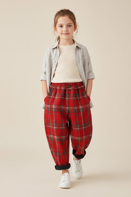 Pantalon Baggy Carreaux Rouges Laine Chaud Enfant