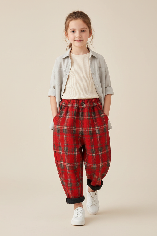 Pantalon Baggy Carreaux Rouges Laine Chaud Enfant