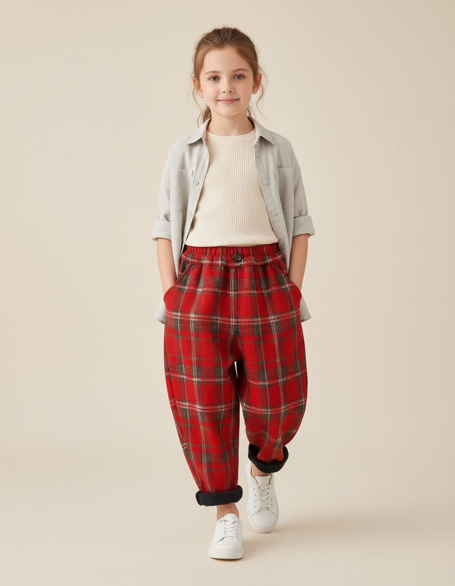 Pantalon Baggy Carreaux Rouges Laine Chaud Enfant