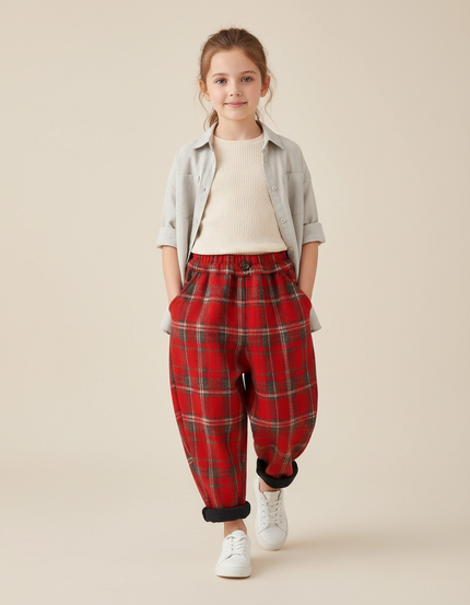 Pantalon Baggy Carreaux Rouges Laine Chaud Enfant