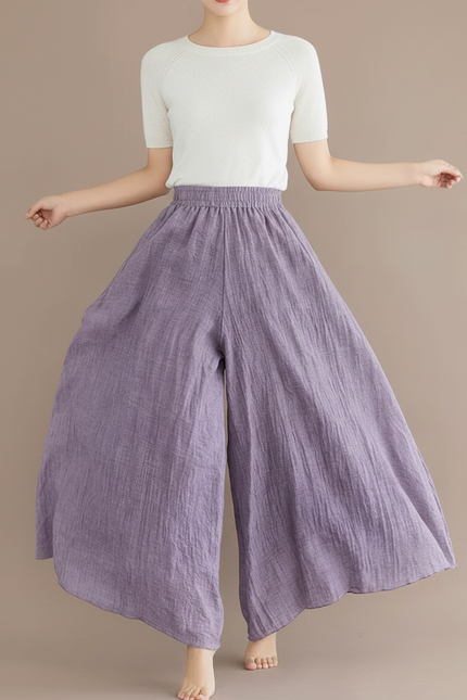 Pantalon Baggy Violet Coton Lin Ample Fluide Femme