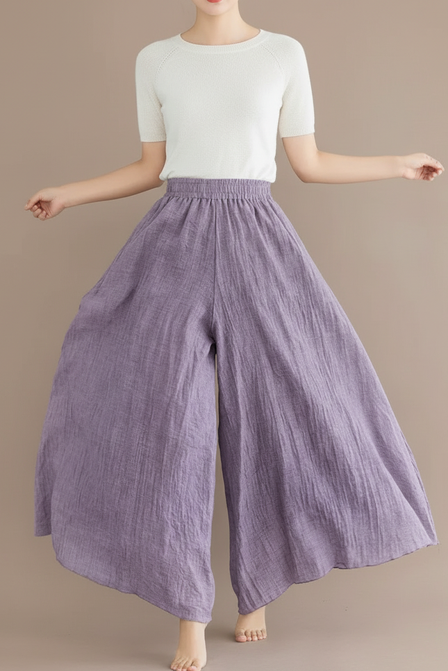Pantalon Baggy Violet Coton Lin Ample Fluide Femme