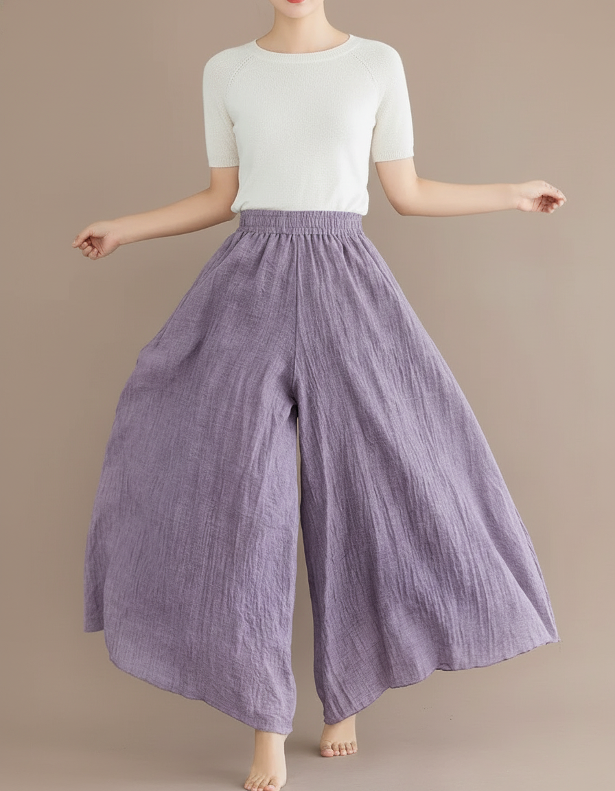 Pantalon Baggy Violet Coton Lin Ample Fluide Femme