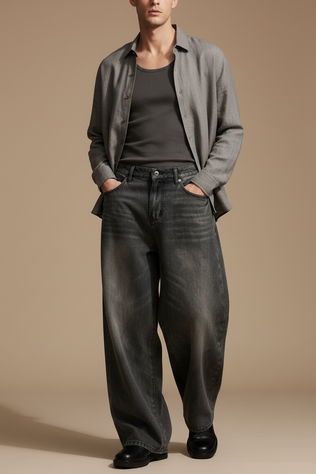 Pantalon Baggy Gris Délavé Ample Droit Homme - Jean