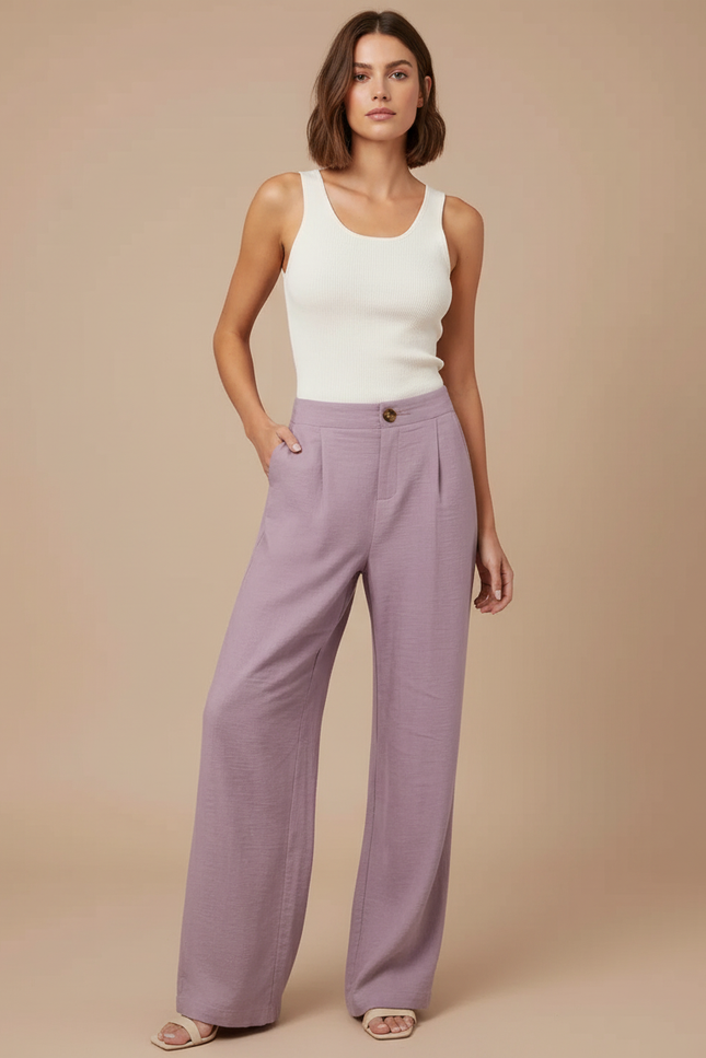 Pantalon Baggy Violet Ample Plissé Taille Haute Fluide - Lin