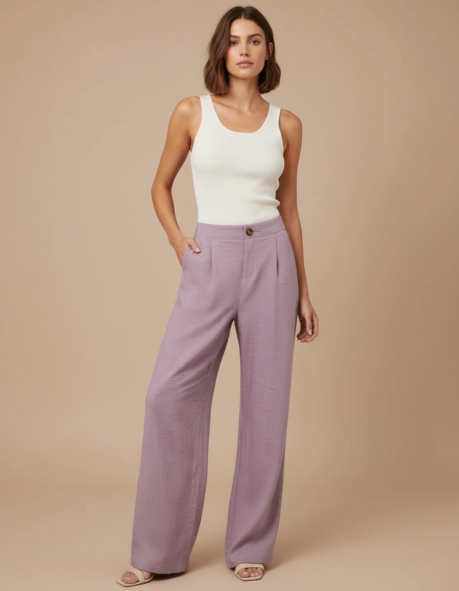 Pantalon Baggy Violet Ample Plissé Taille Haute Fluide - Lin
