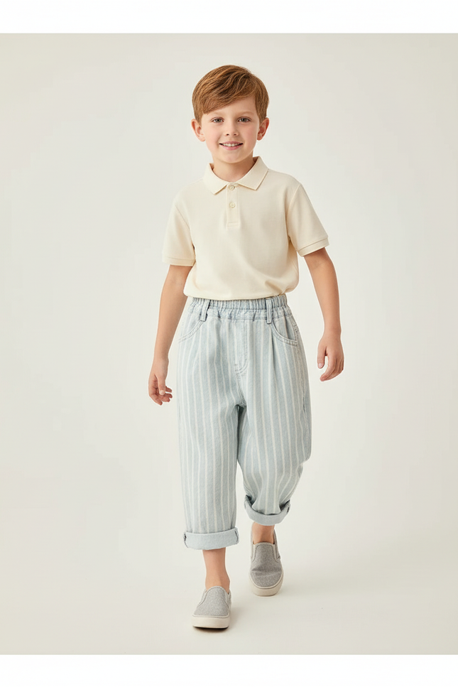 Pantalon Baggy Rayé Bleu Clair Coton Ample Décontracté